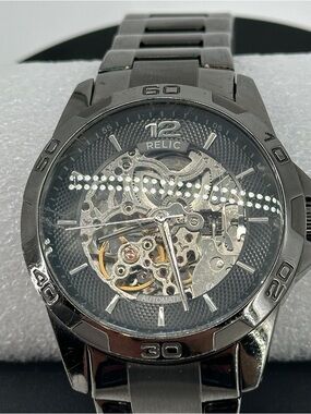 Relic Gunmetal Automatic Skeleton Watch with Silver Movement
